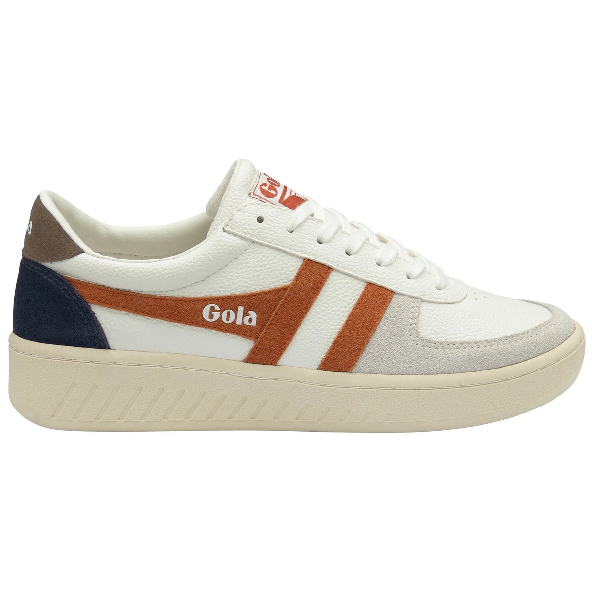 Gola Classics white trainer with orange side stripes and navy heel panel