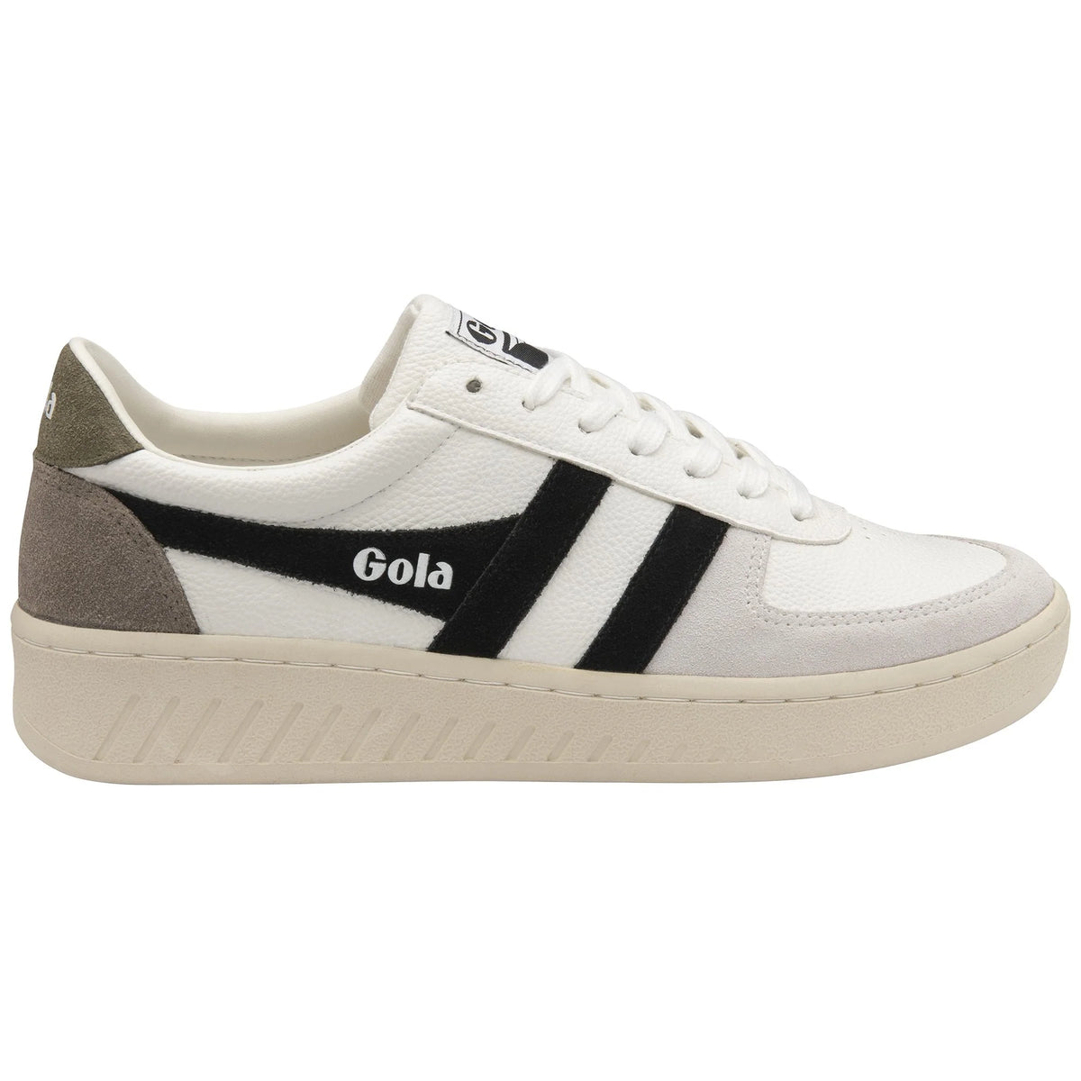 Gola Classics white trainer with black side stripes and grey suede heel and toe panels