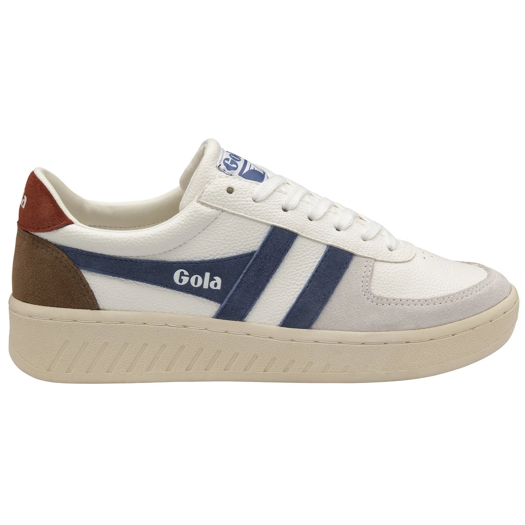 Gola Classics white trainer with blue and brown suede detailing and a cream rubber sole
