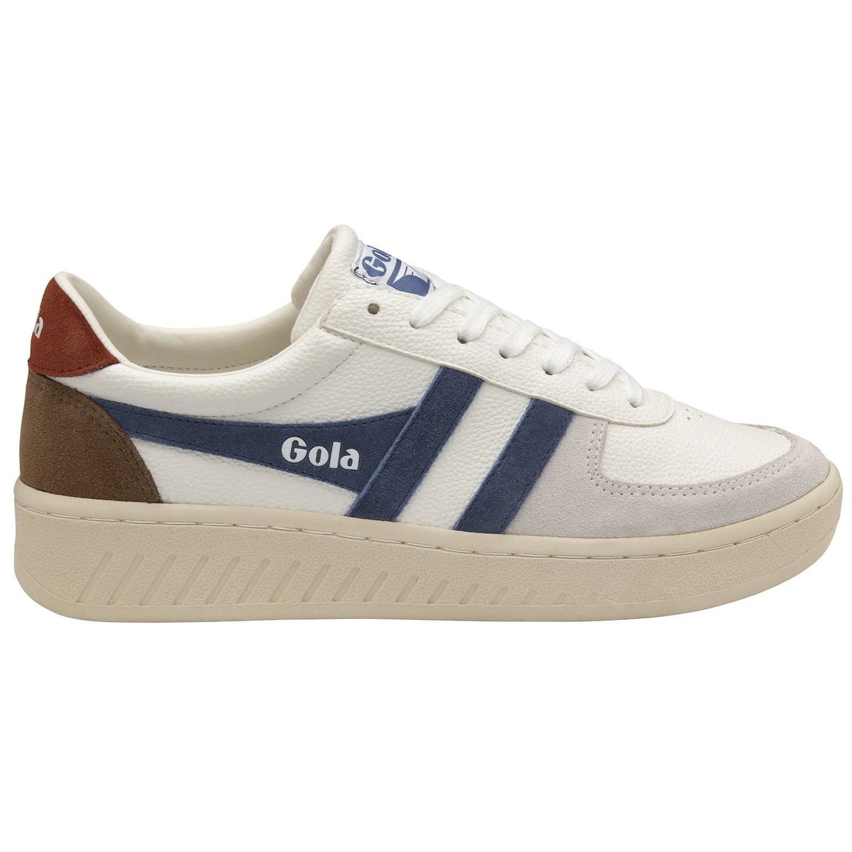 Gola Classics white trainer with blue and brown suede detailing and a cream rubber sole