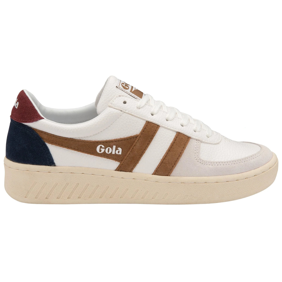 Gola Classics white trainer with brown and navy suede detailing and a cream sole