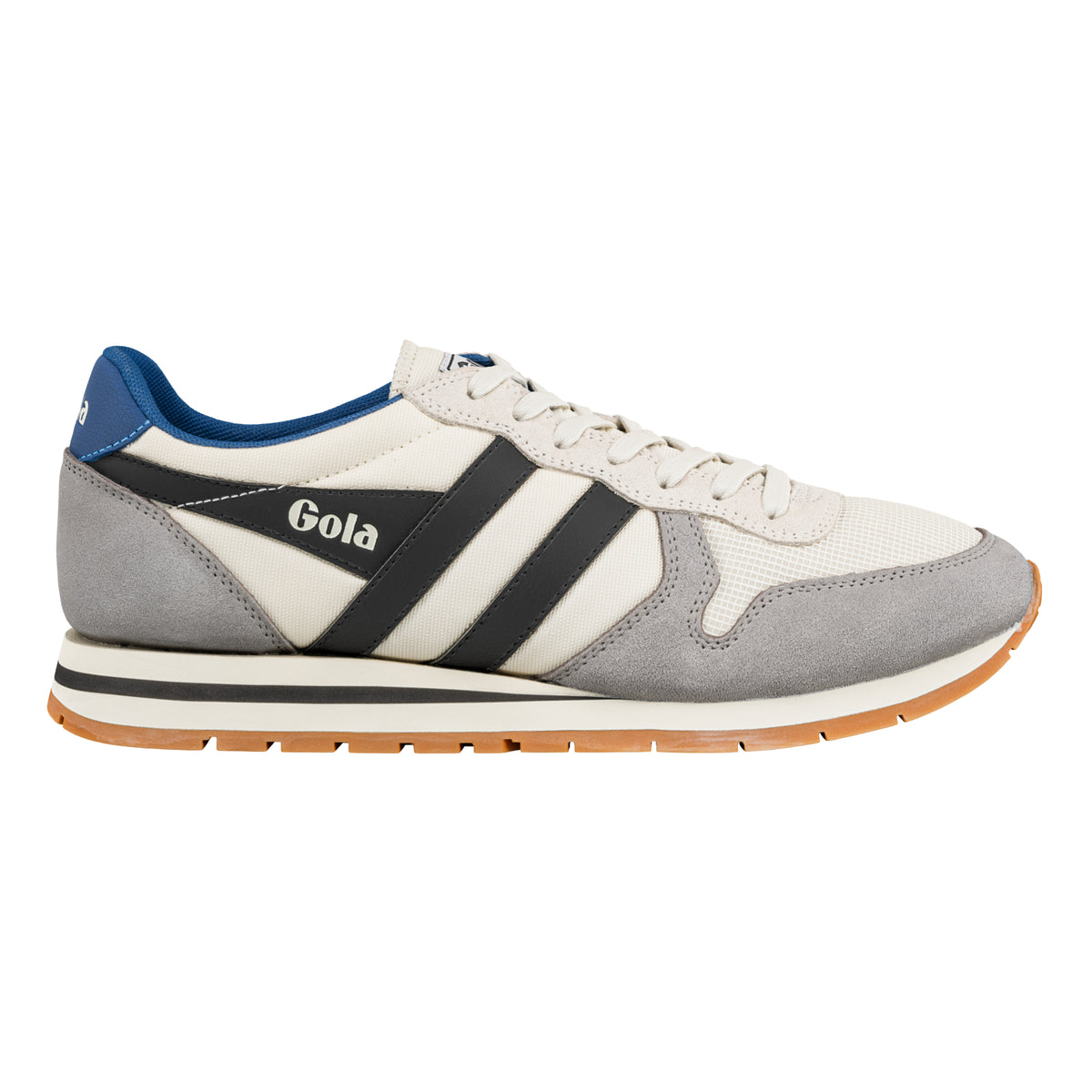 Gola Classics trainer in off white and grey with black side stripes and a gum sole