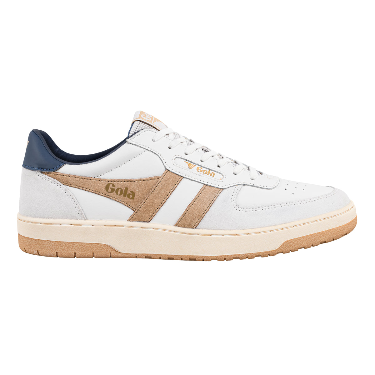 Gola Classics white leather trainer with tan suede side stripes and navy heel tab