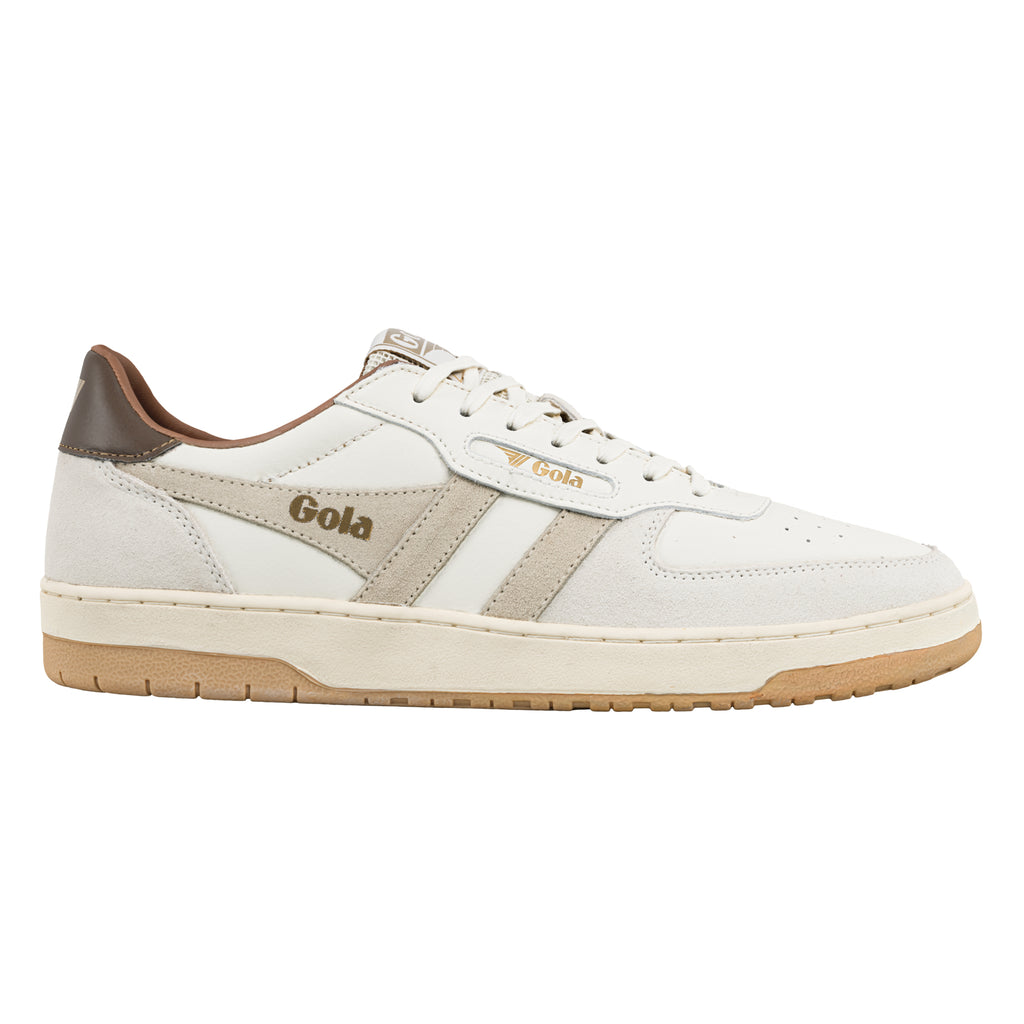 Off-white Gola trainer with beige suede panels and a gum rubber sole