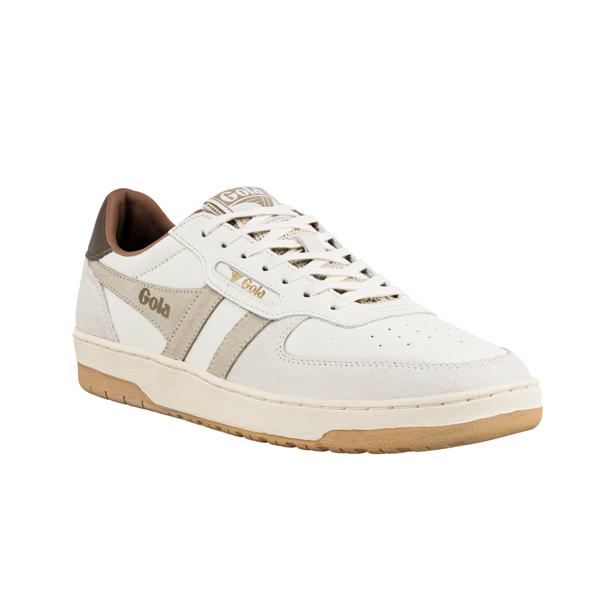 Off white Gola trainer with brown heel tab and gum sole