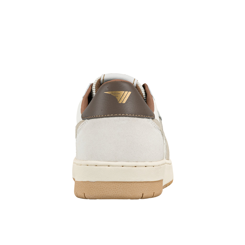 Rear view of a white and brown trainer with a gold logo on the heel