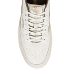 Top view of a white Gola trainer with lace up fastening and gold branding on the tongue