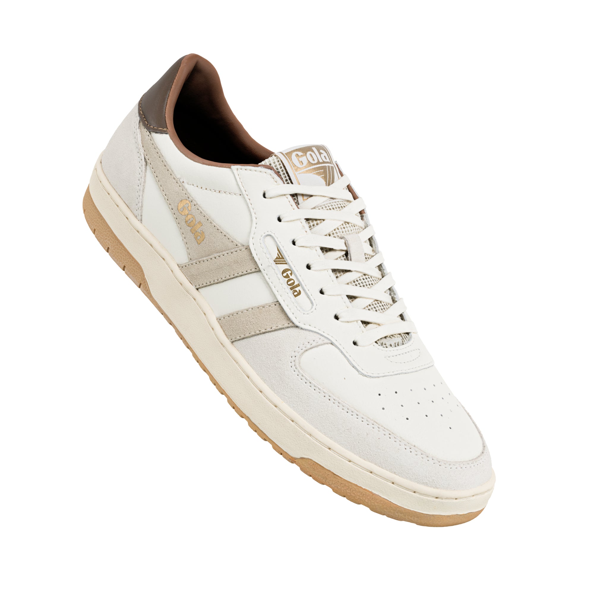 White Gola trainer with beige suede panels and gum sole