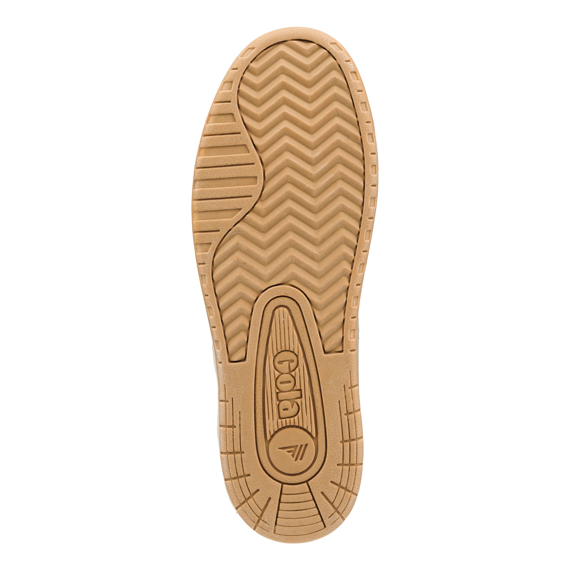 Tan rubber trainer sole with chevron tread pattern and Gola branding