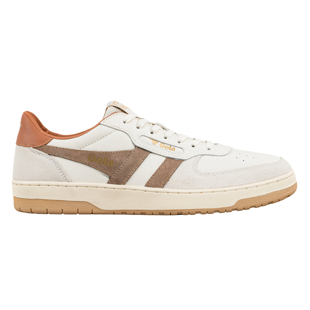 Off white leather trainer with brown suede side stripes and gum rubber sole