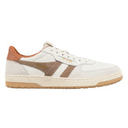 Off white leather trainer with brown suede side stripes and gum rubber sole