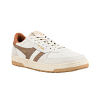 Off-white leather trainer with brown suede side stripes and gum rubber sole