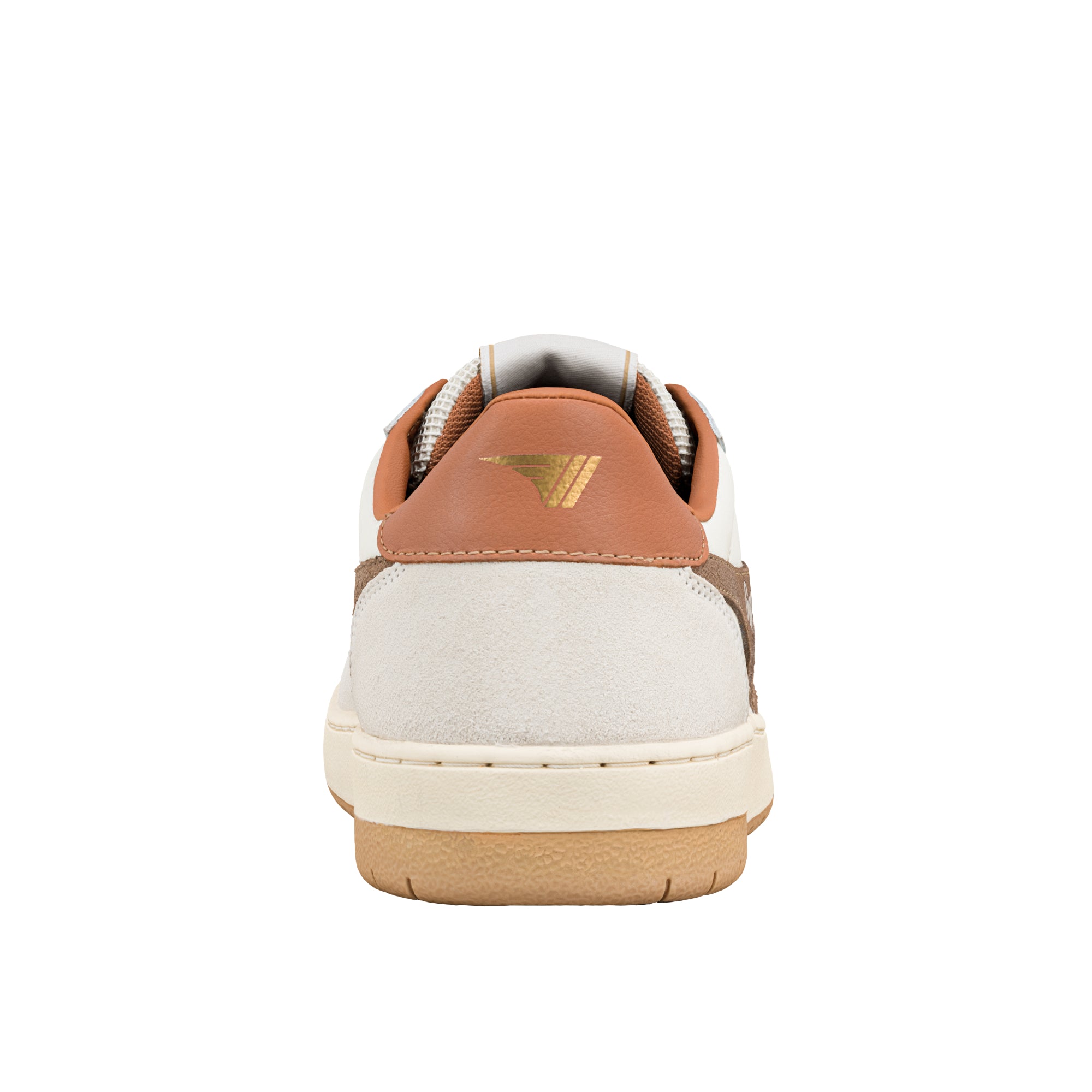 Rear view of a white and tan trainer with a gold logo on the heel tab