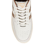 Top view of a white Gola trainer with brown side stripes and lace up fastening