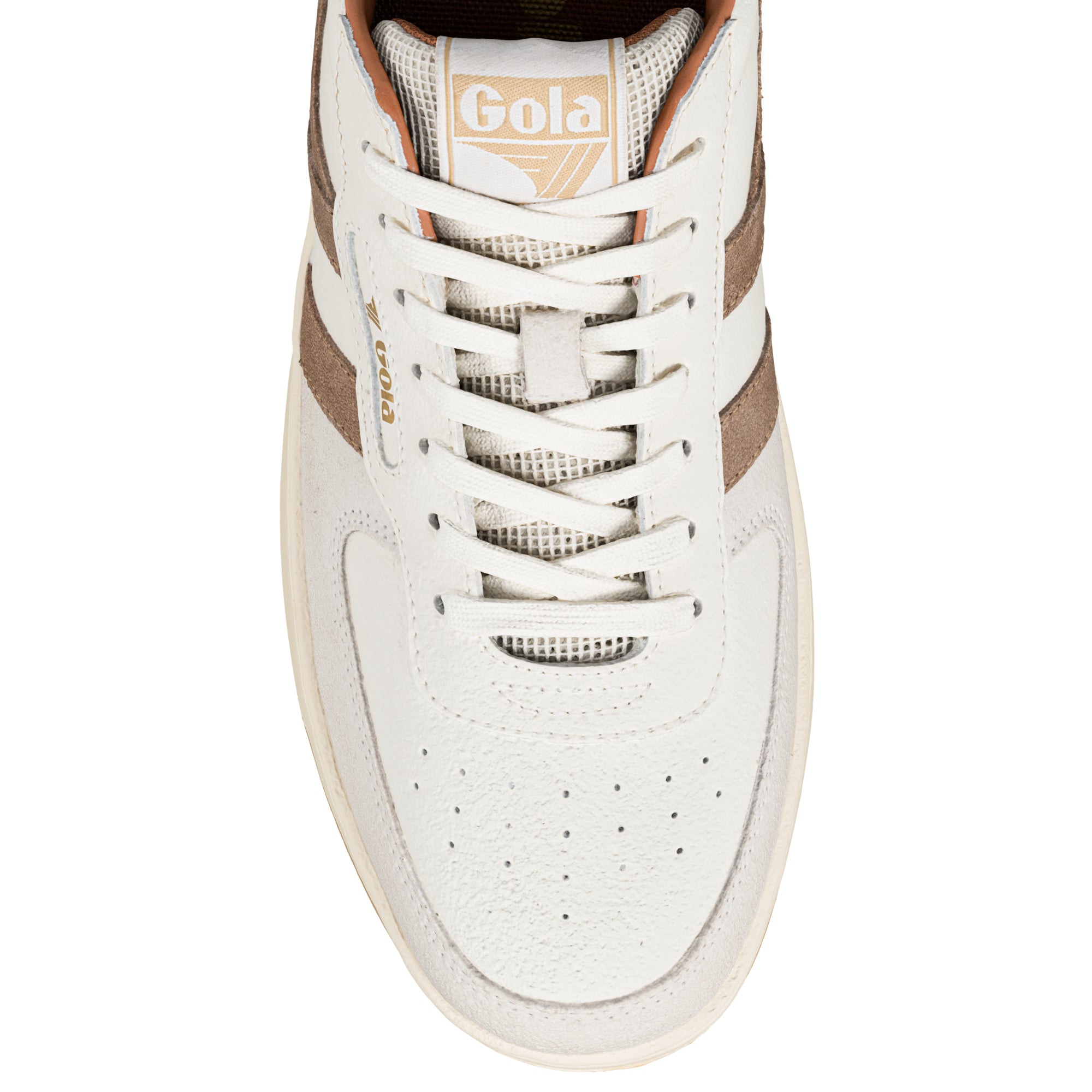 Top view of a white Gola trainer with brown side stripes and lace up fastening