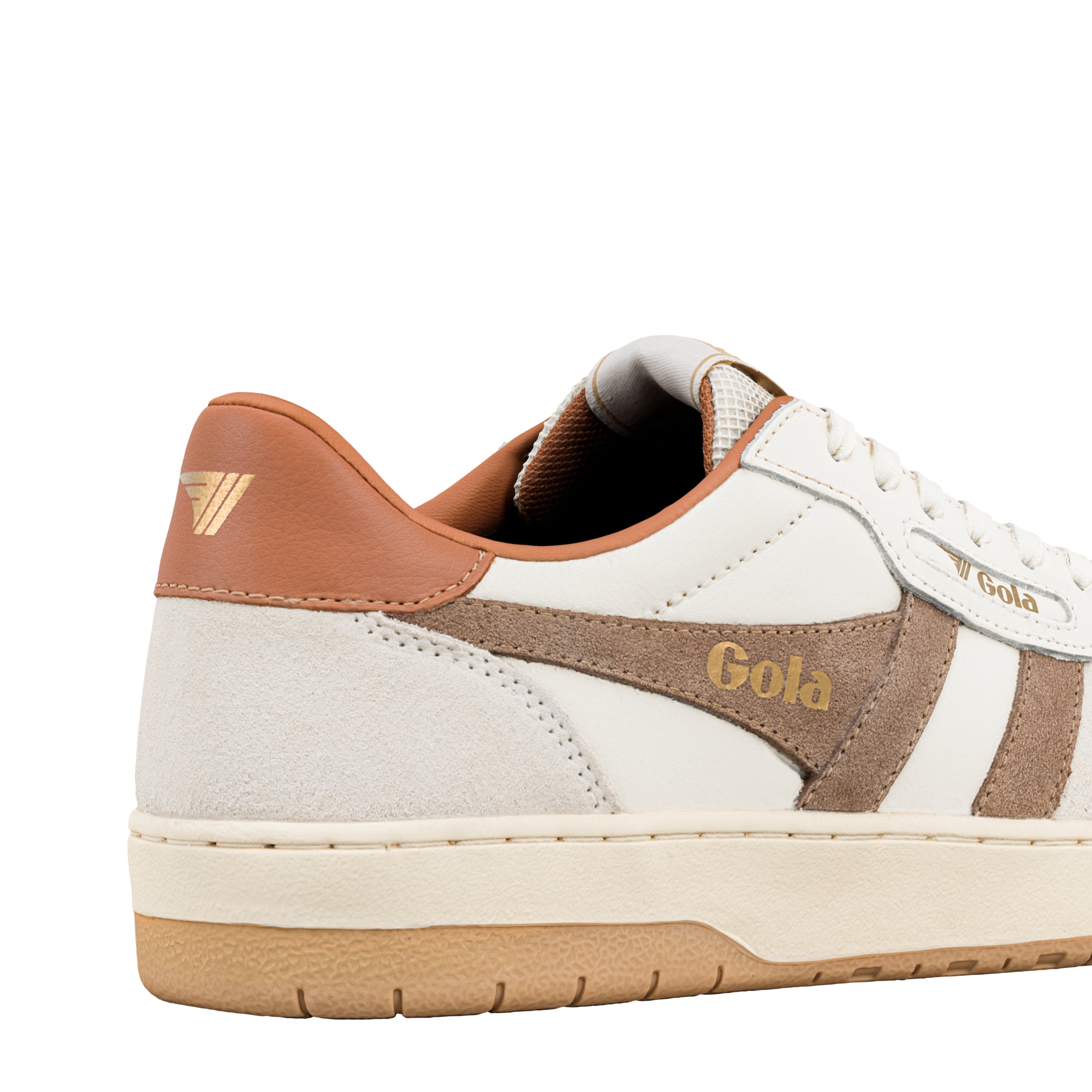 Close up of the heel and side panel of a white and tan Gola trainer with gold branding