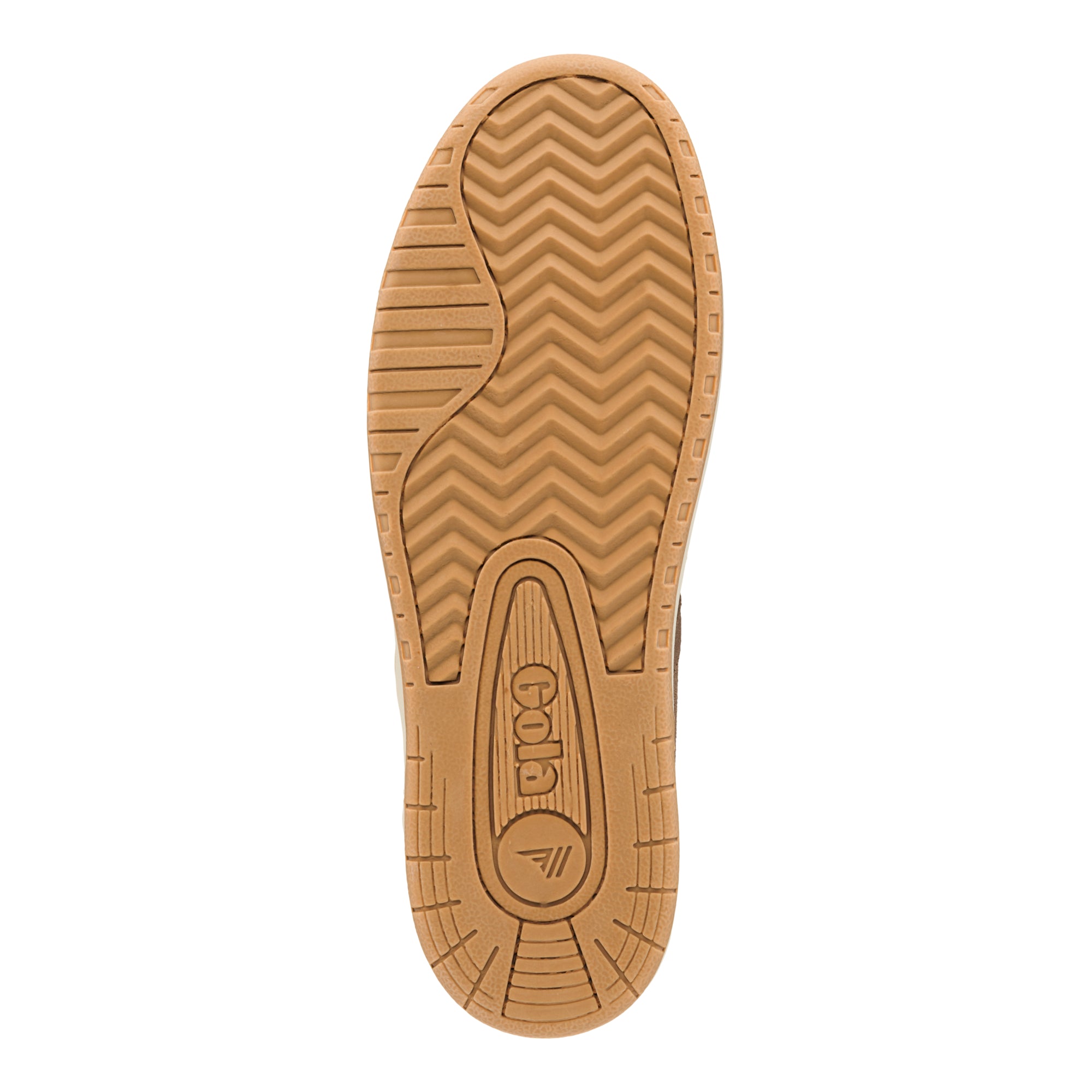 Tan rubber trainer sole with chevron tread pattern and Gola branding