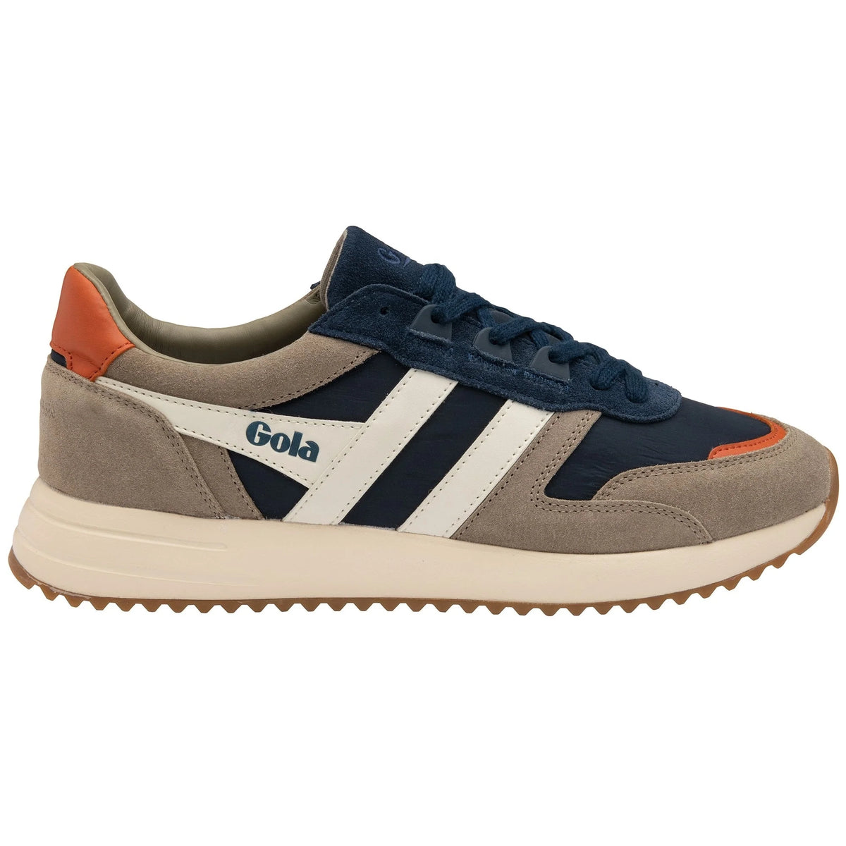 Gola Classics navy and beige suede trainer with white side stripes and orange heel detail