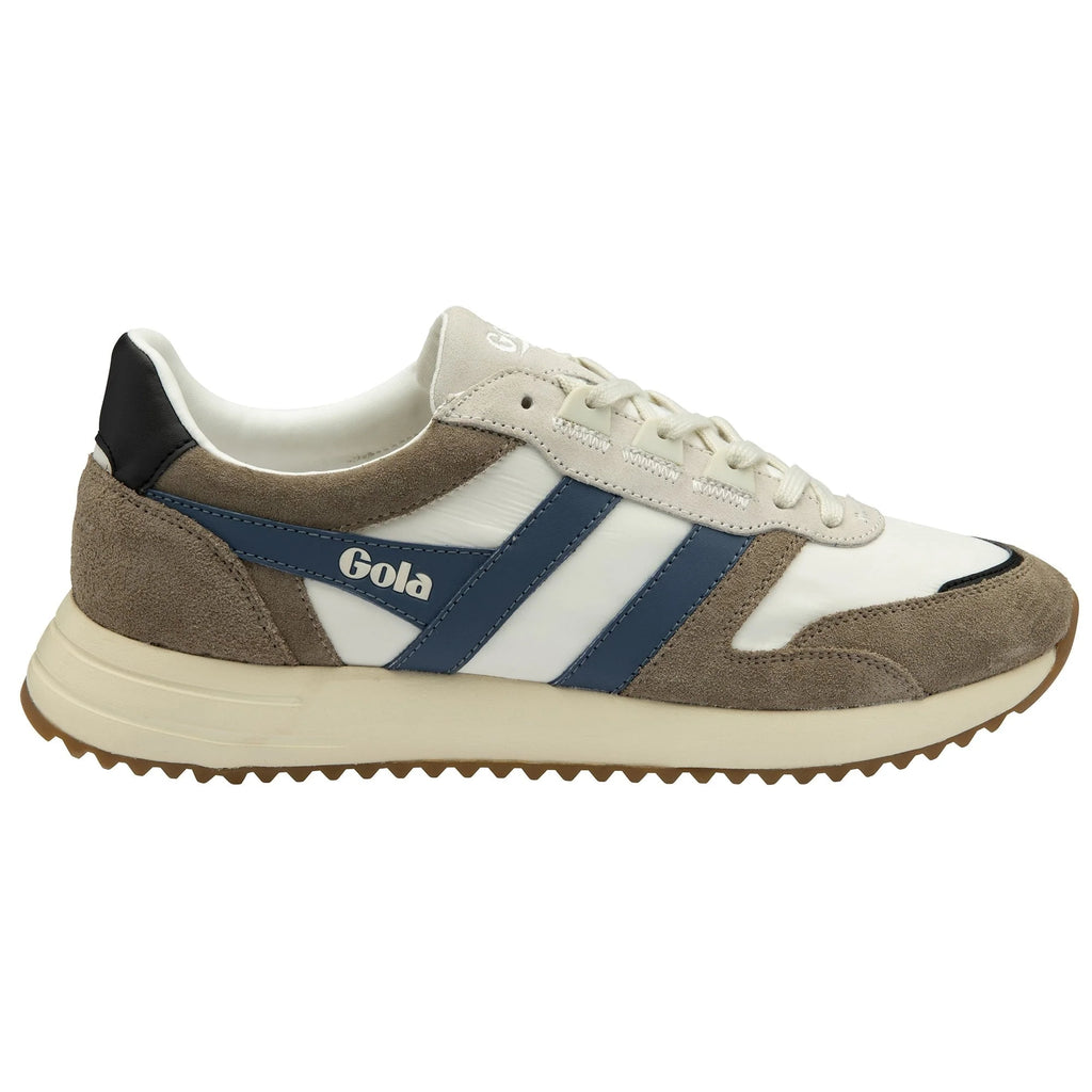 Gola Classics trainer in white nylon with taupe suede overlays and blue side stripes