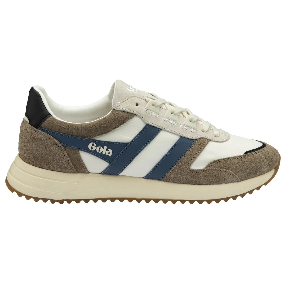 Gola Classics trainer in white nylon with taupe suede overlays and blue side stripes