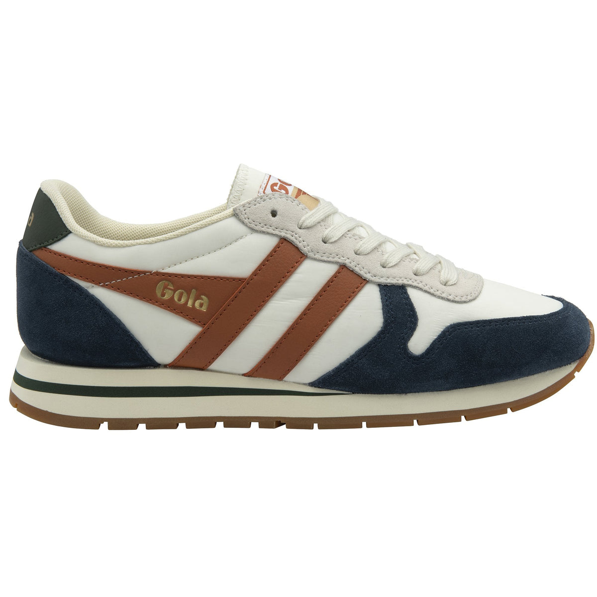 Gola Classics white trainer with brown side stripes and navy blue suede detailing