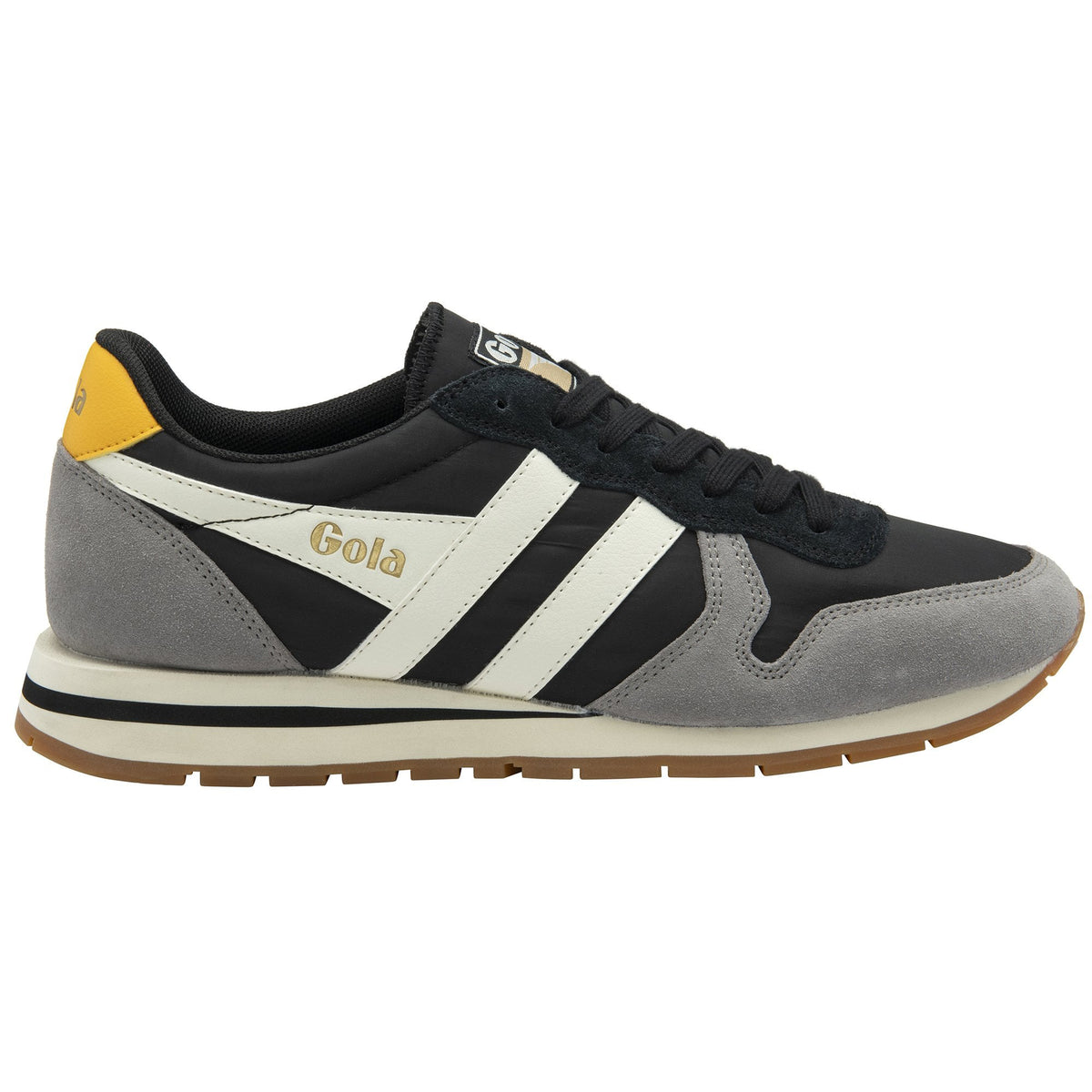 Gola Classics black and grey trainer with white side stripes and yellow heel tab