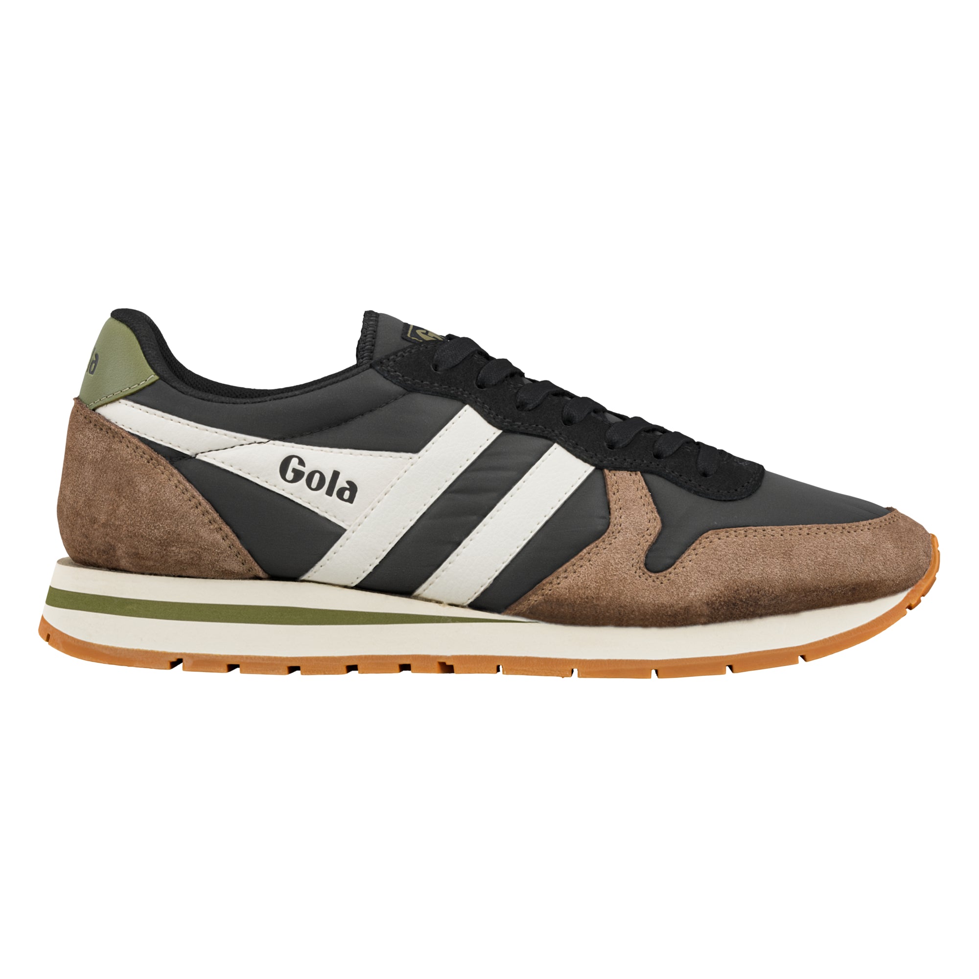 Gola black and brown suede trainer with white side stripes and olive green heel tab