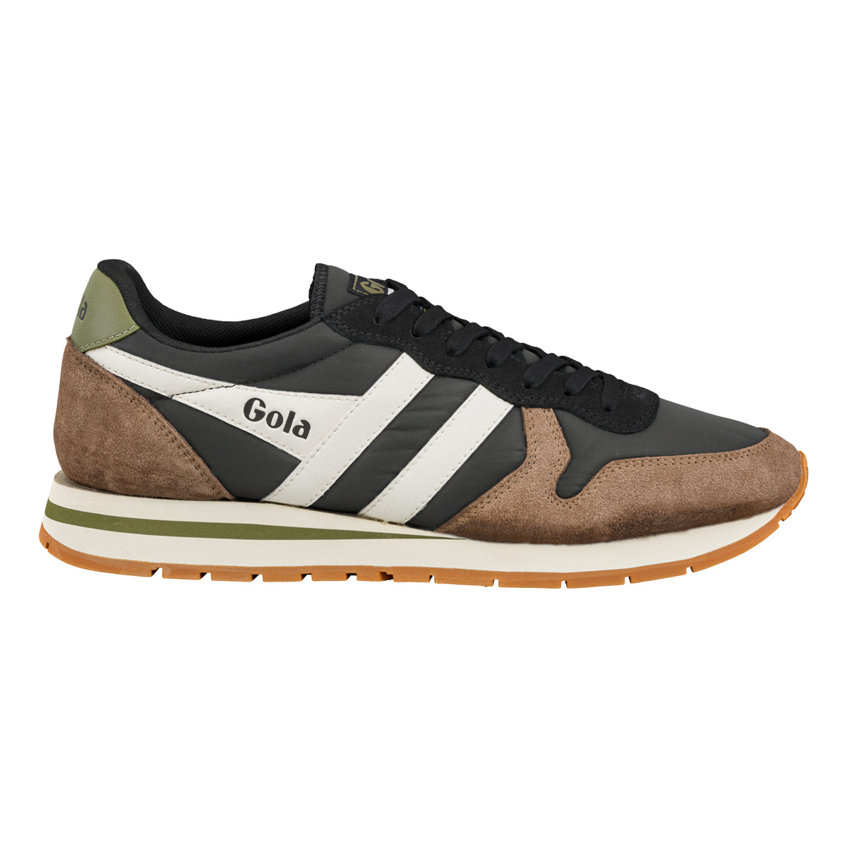 Gola Classics black and brown suede trainer with white side stripes and olive green heel tab