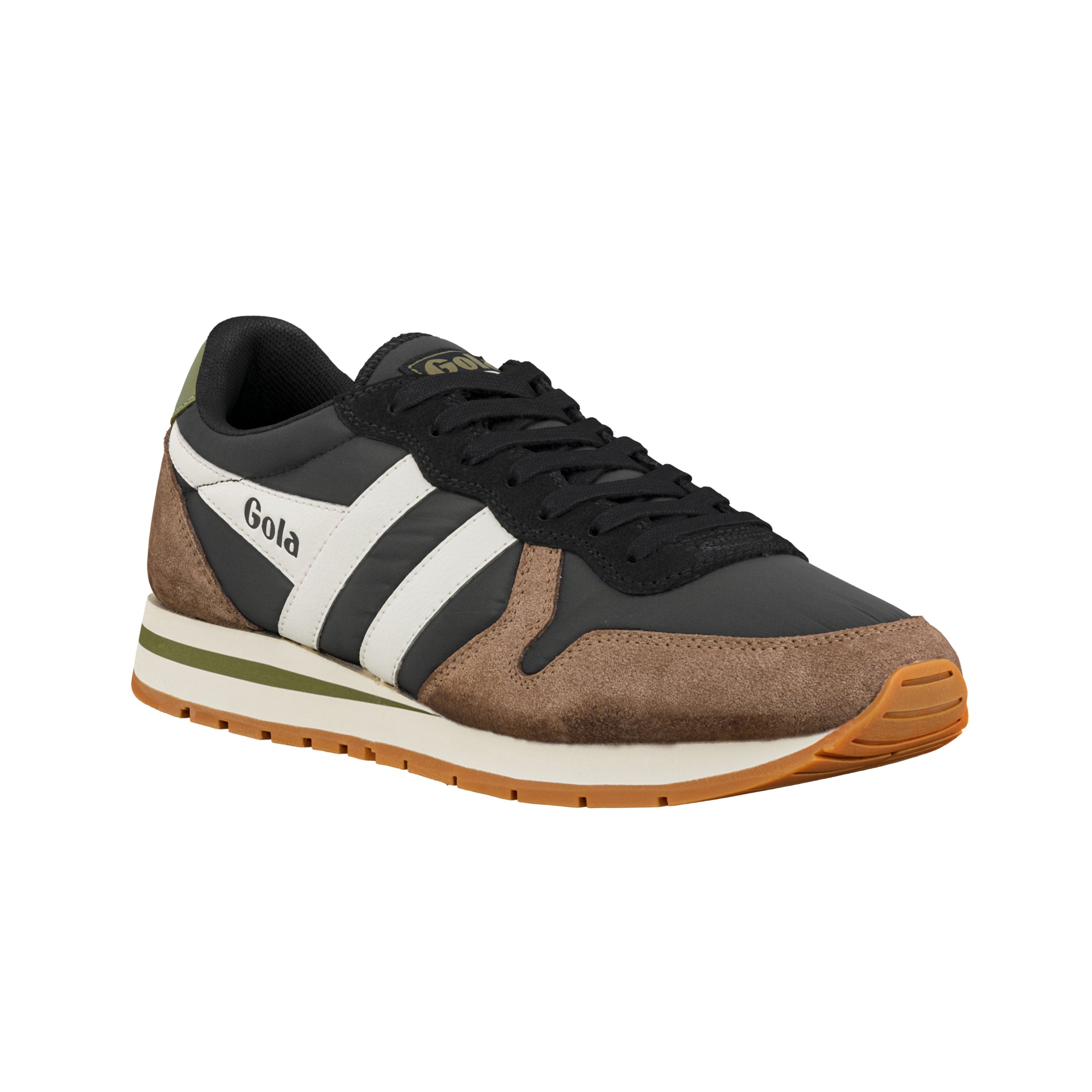 Black and brown Gola trainer with white side stripes and gum sole