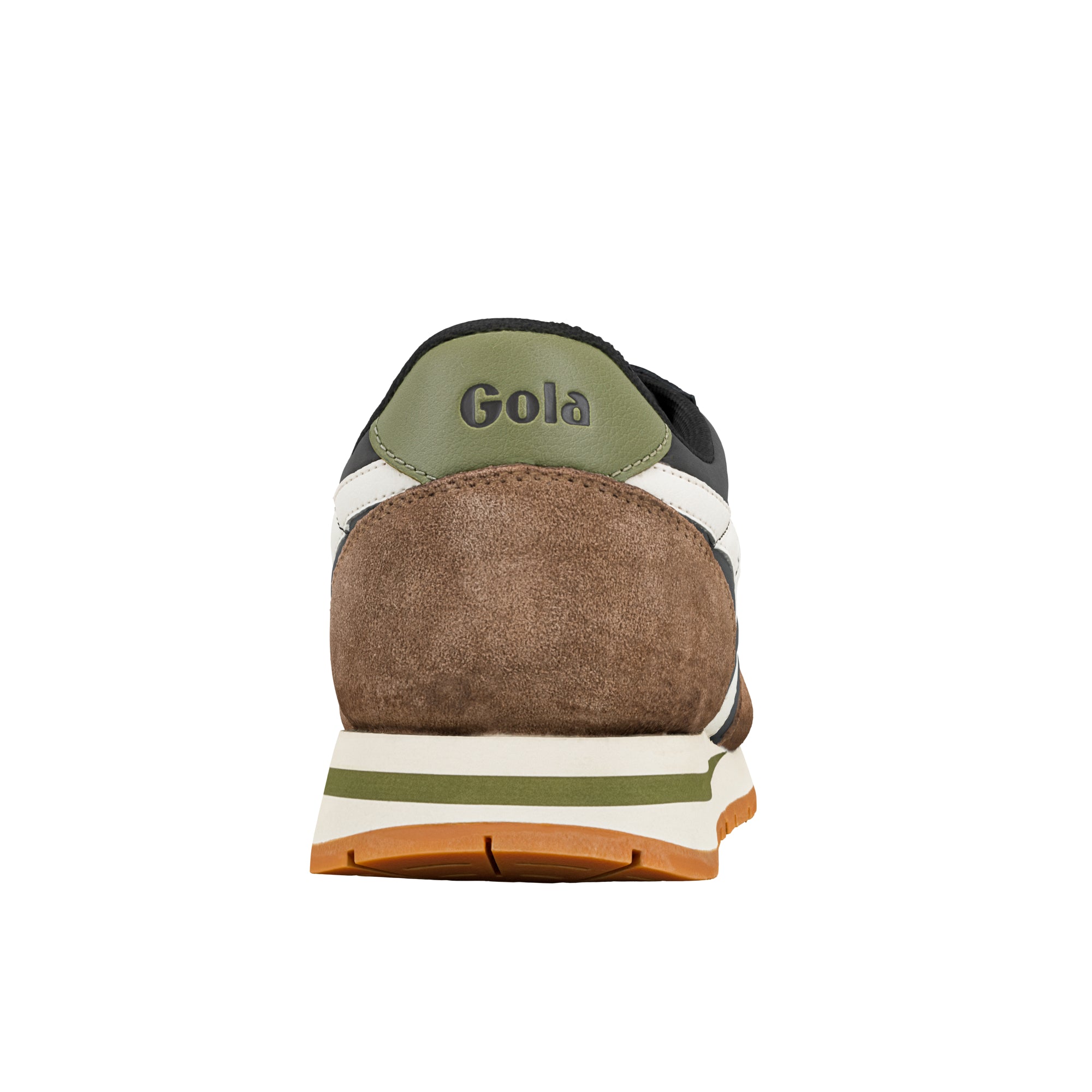 Rear view of a brown and olive green Gola trainer with a white midsole and gum rubber sole