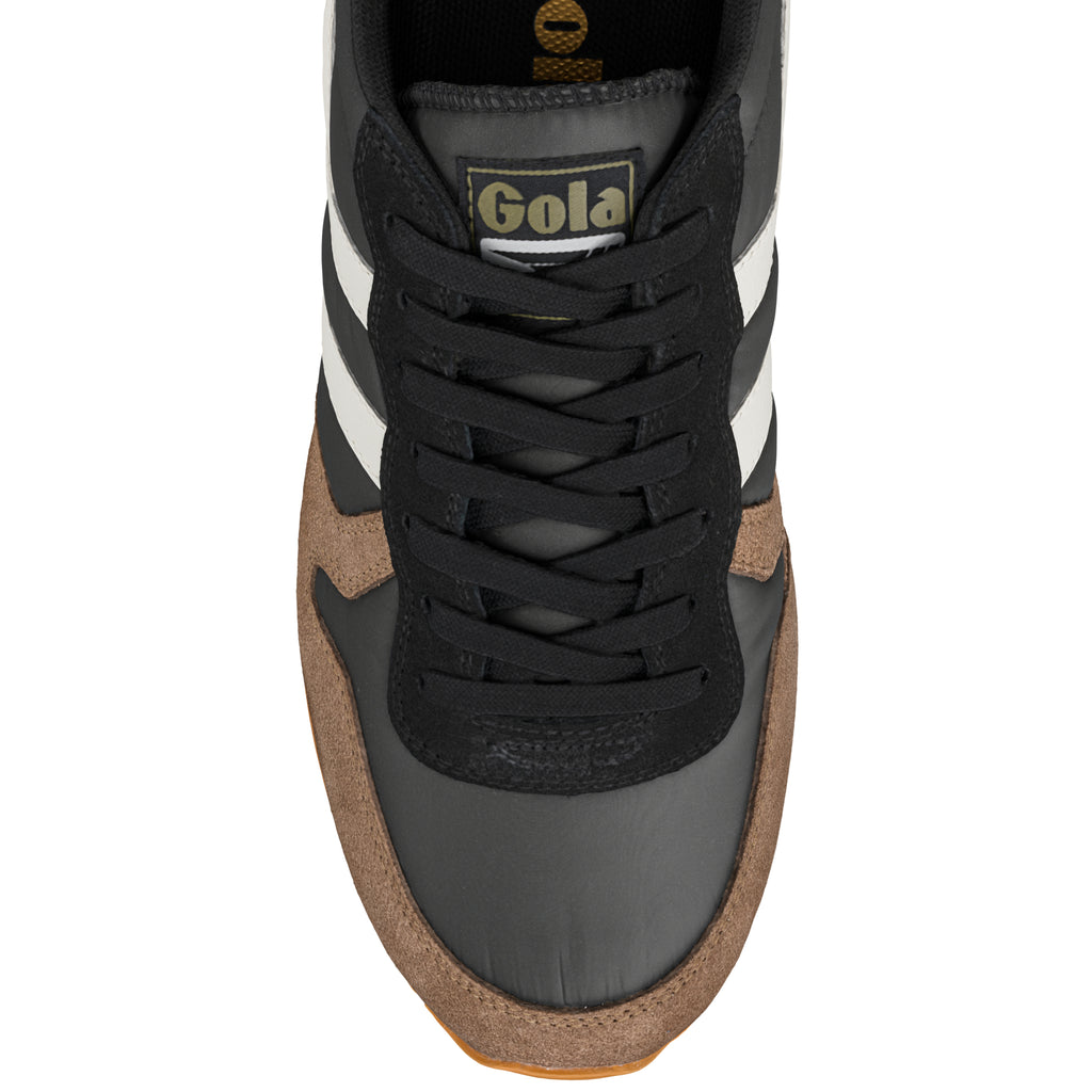 Top view of a Gola trainer with black laces and brown suede trim