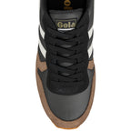 Top view of a Gola trainer with black laces and brown suede trim