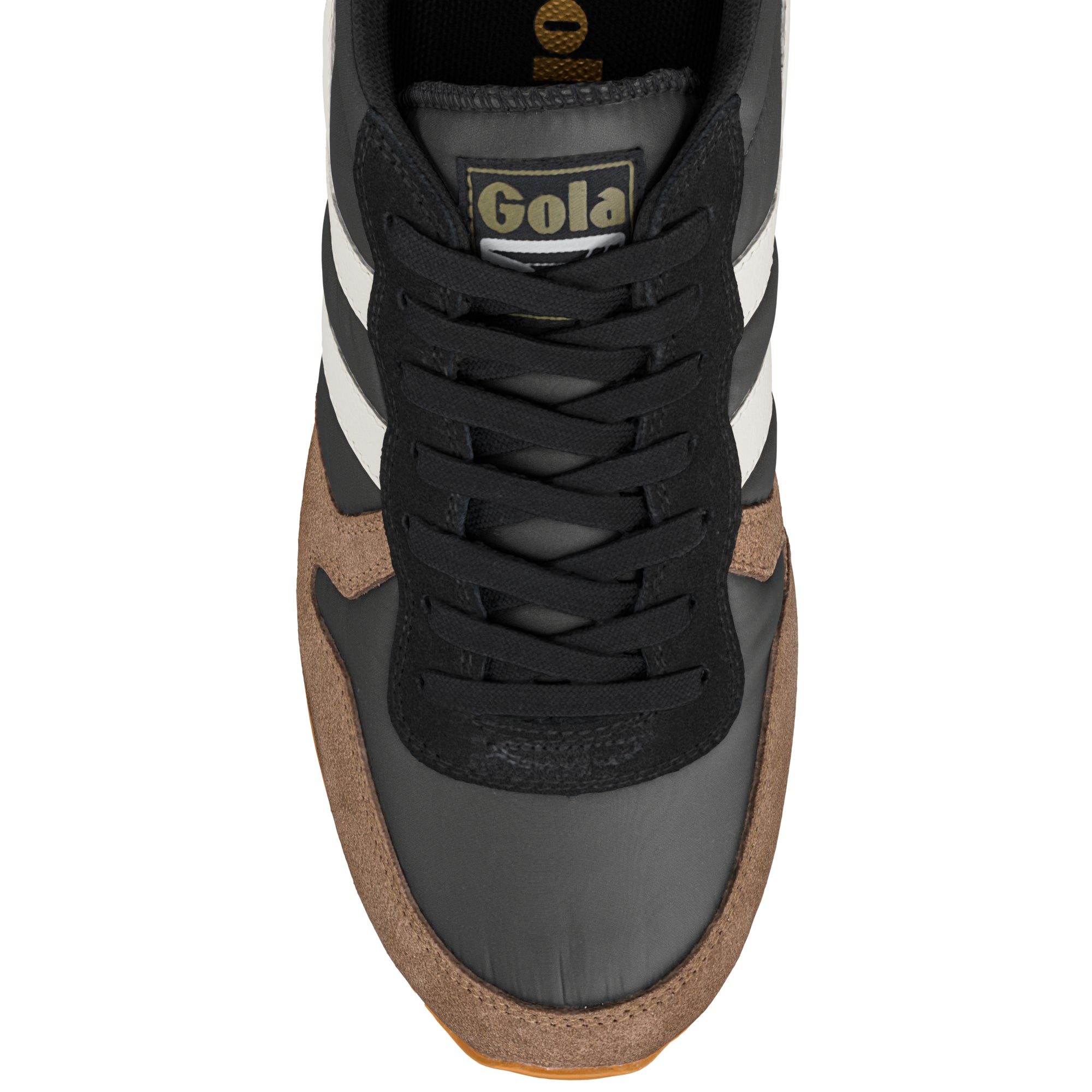 Top view of a Gola trainer with black laces and brown suede trim