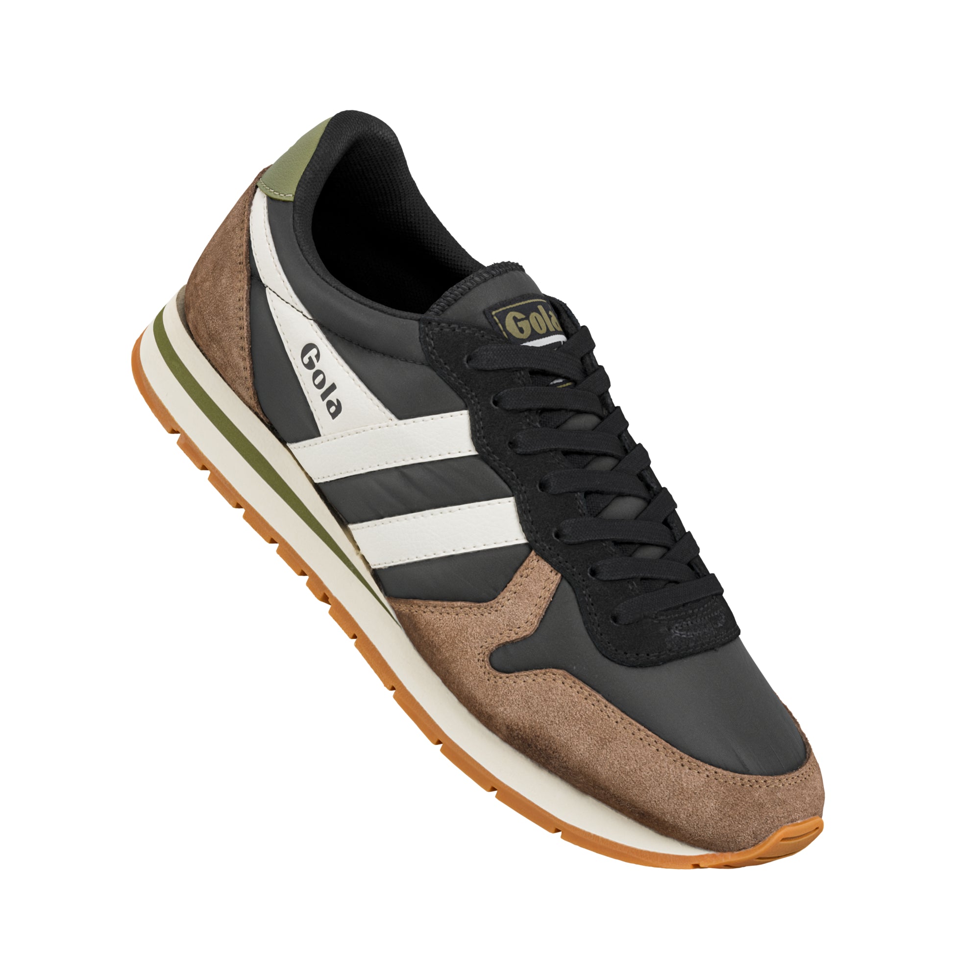 Gola men's trainer in black and brown suede with white side stripes and gum sole