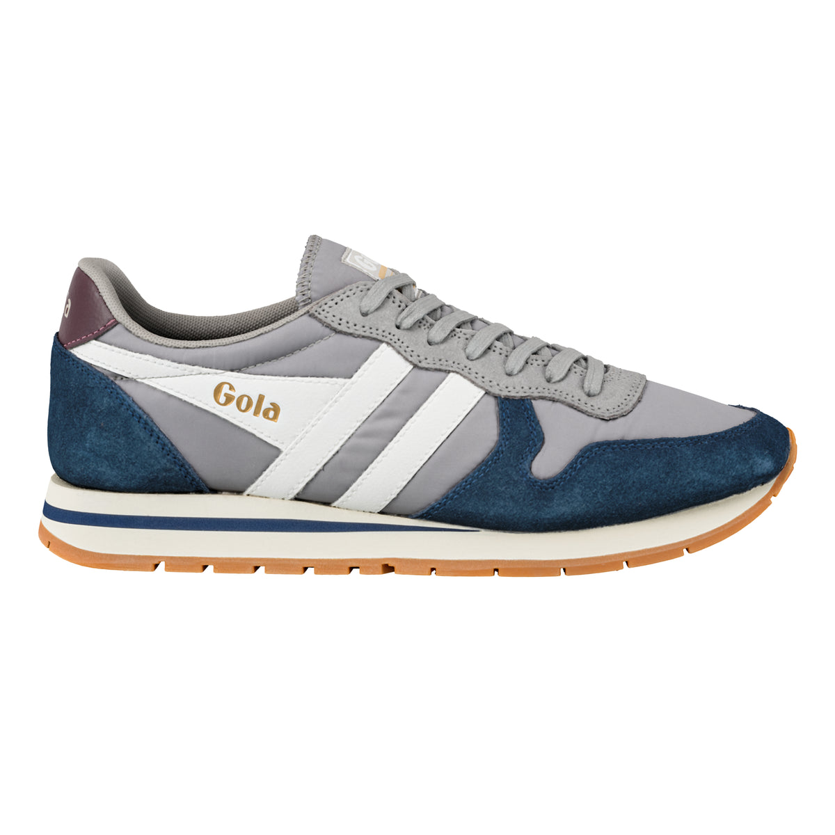 Gola Classics grey and navy blue suede and nylon trainer with white side stripes and gum sole