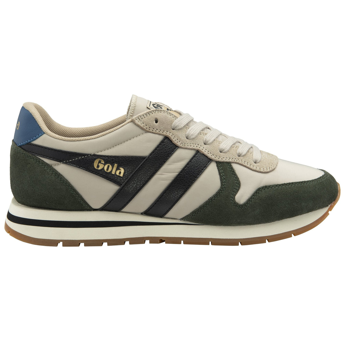 Gola Classics trainer in beige and dark green with black side stripes and a gum sole