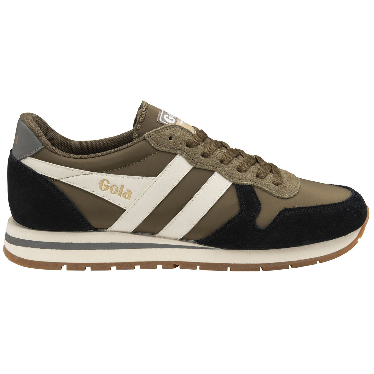 Gola Classics khaki and black trainer with white side stripes and gum sole
