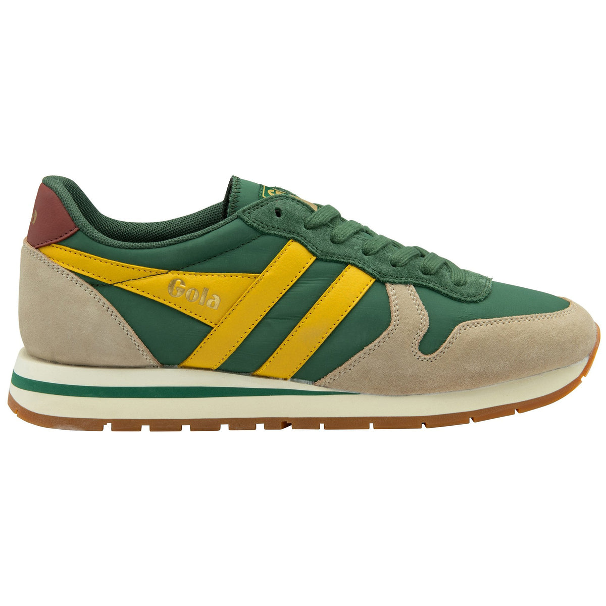 Gola Classics green and yellow trainer with beige suede overlays and a gum rubber sole