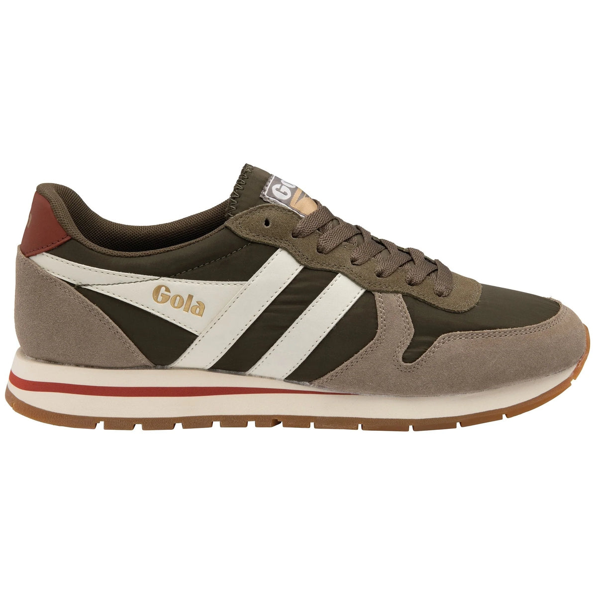 Gola Classics olive green and grey suede trainer with white side stripes and gum sole