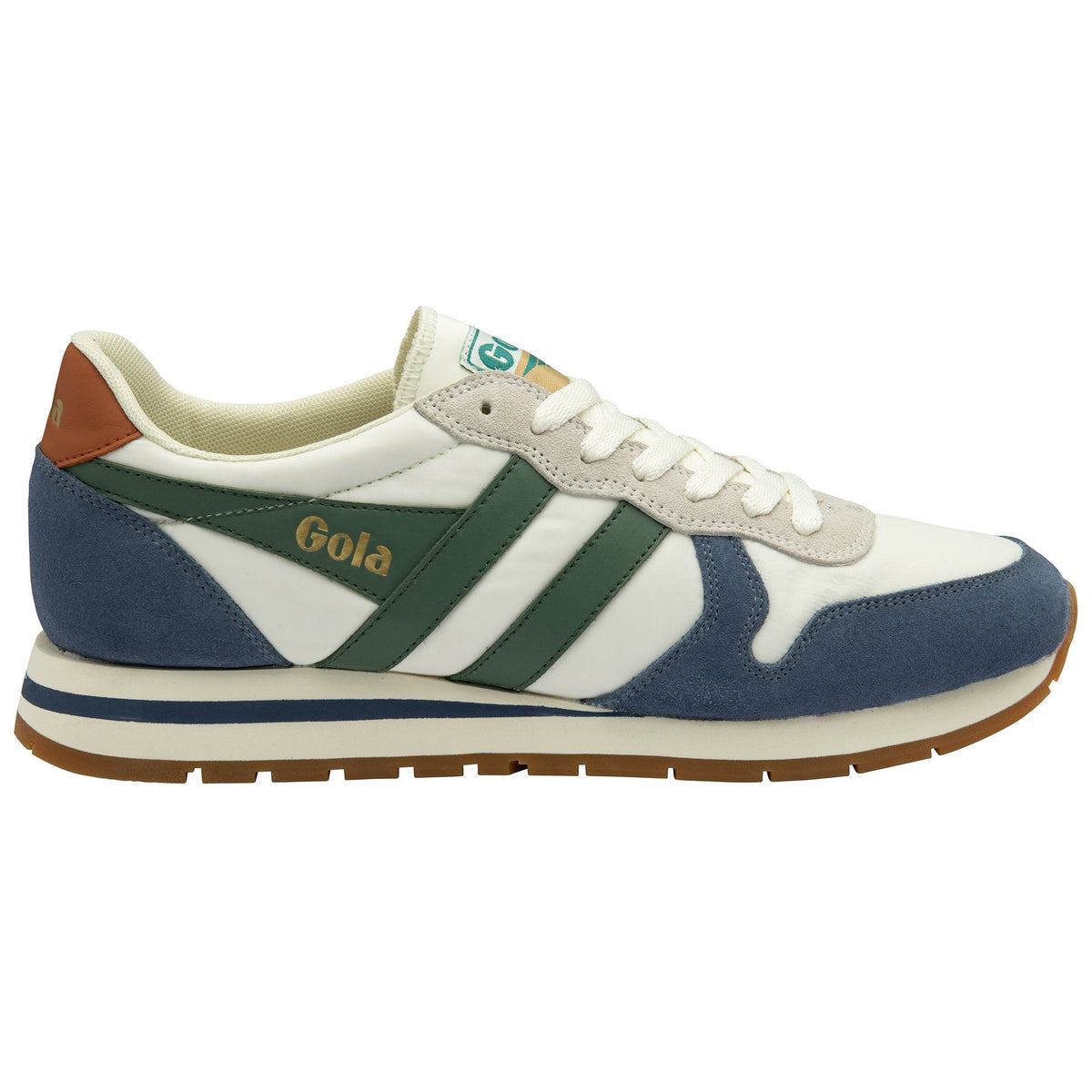 Gola Classics trainer in white with green side stripes and blue suede detailing
