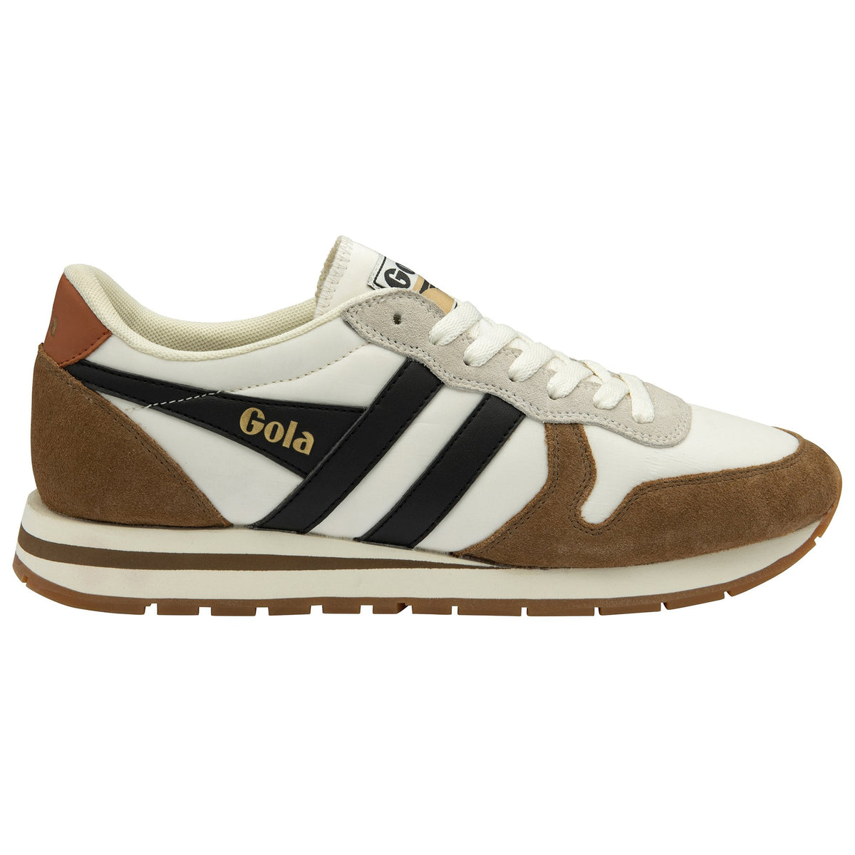 Gola Classics Harrier trainer in white with brown suede and black side stripes