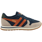 Gola Classics navy blue trainer with tan suede overlays and orange side stripes