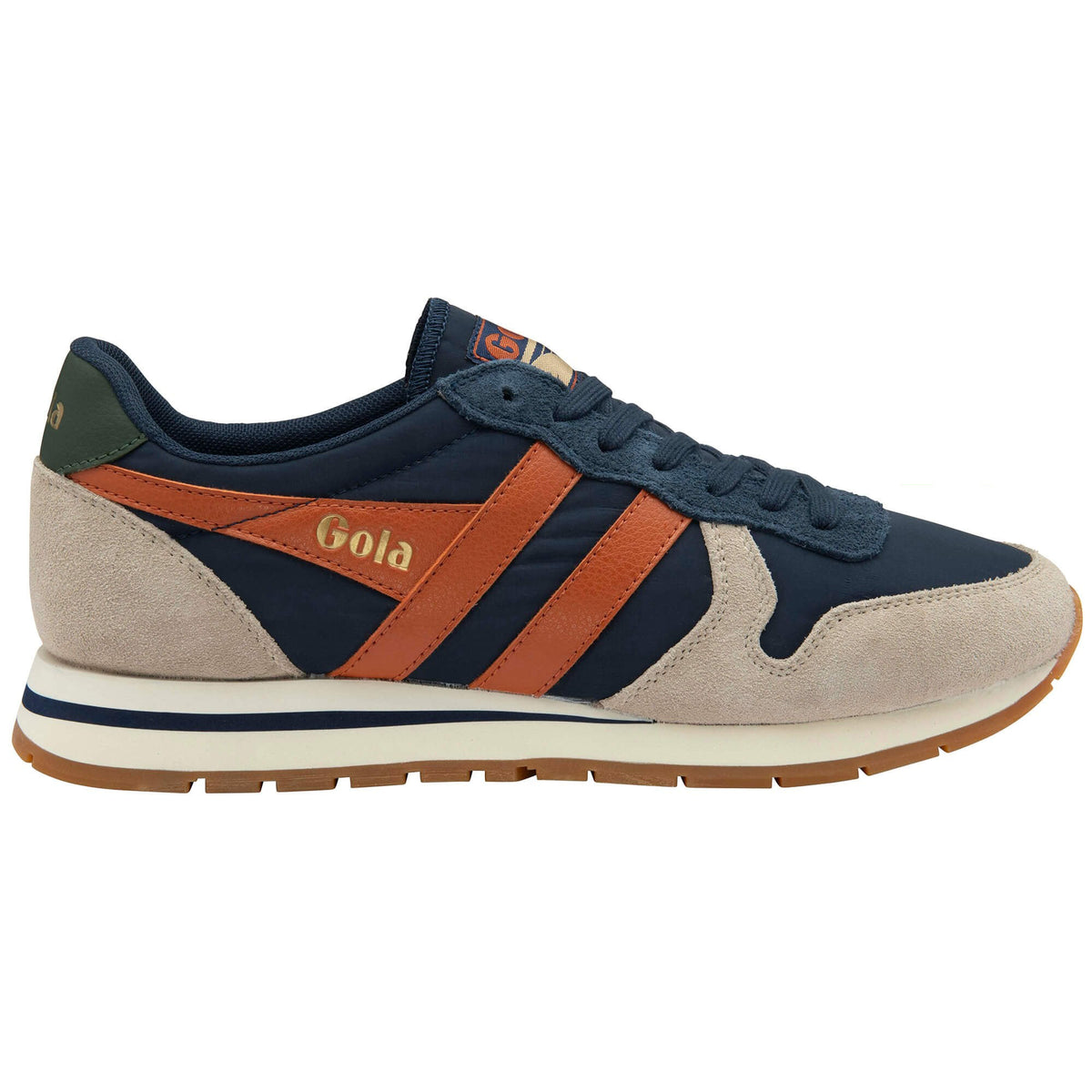 Gola Classics navy blue trainer with tan suede overlays and orange side stripes