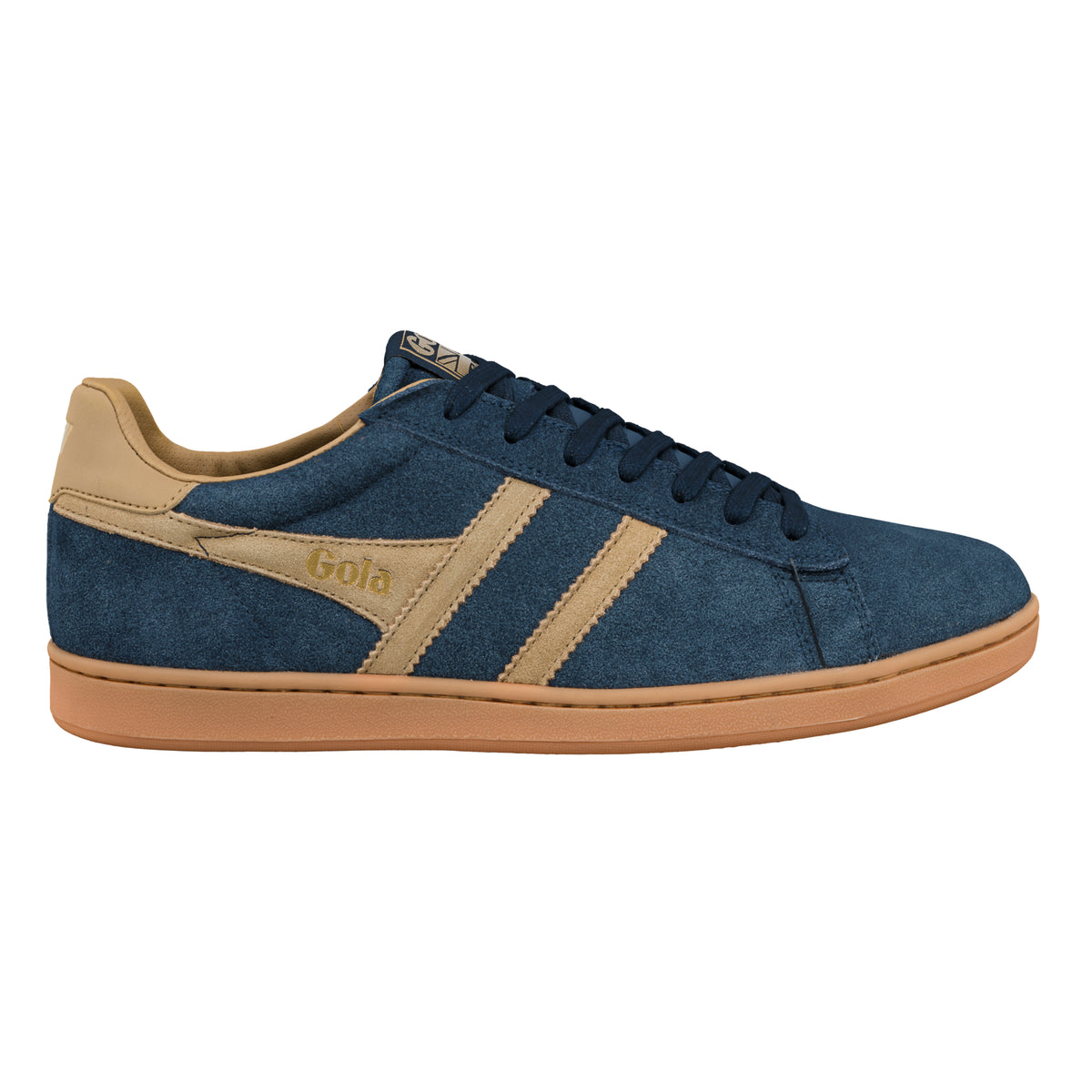 Gola Classics navy suede trainer with tan side stripes and gum sole
