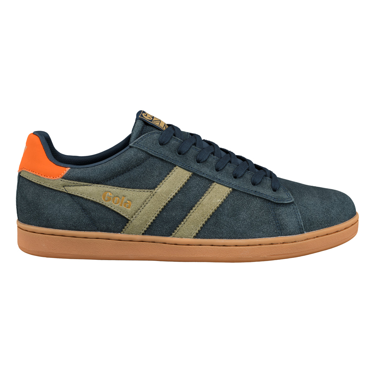 Gola Classics navy suede trainer with olive green side stripes and orange heel tab on a gum sole