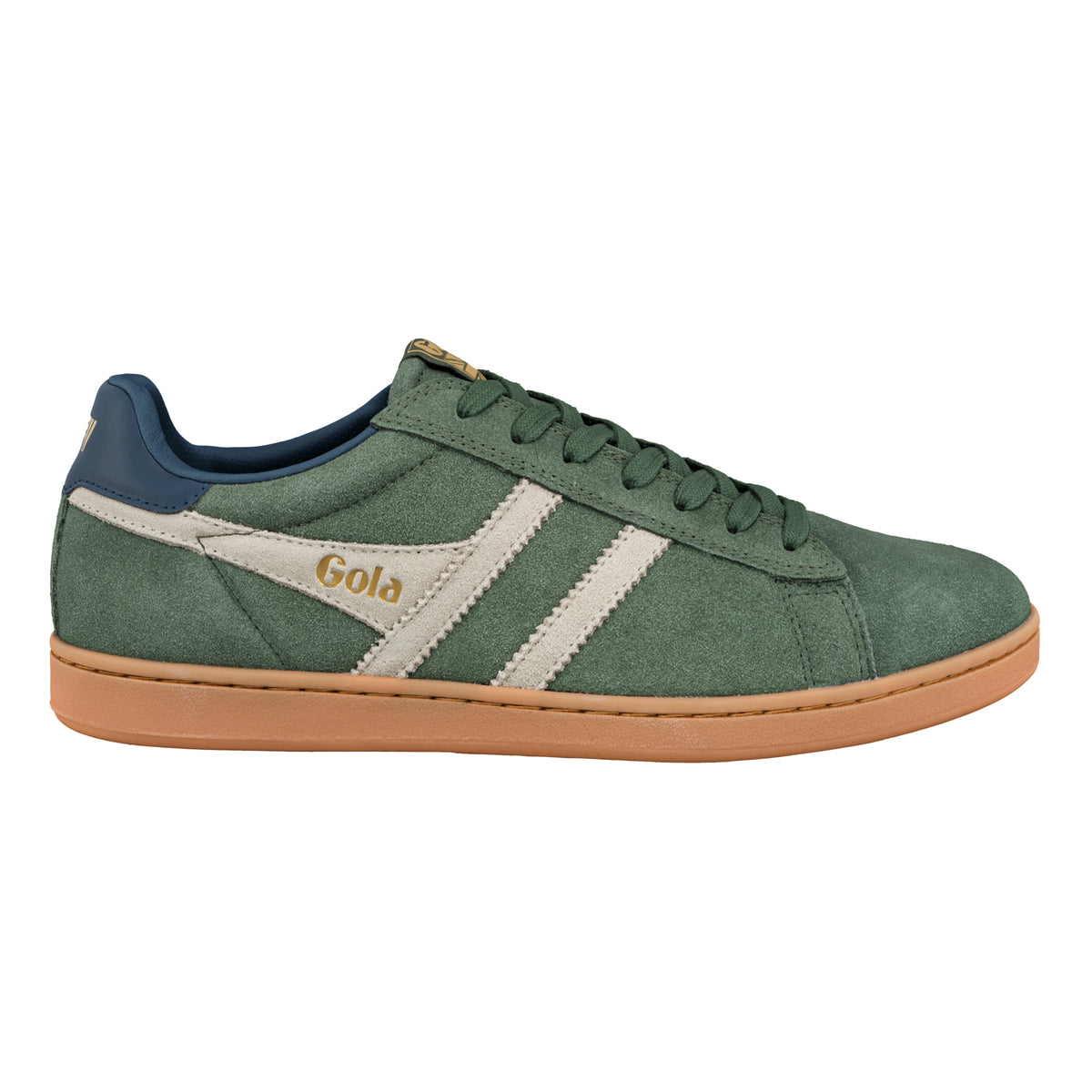 Gola Classics green suede trainer with beige side stripes and gum sole