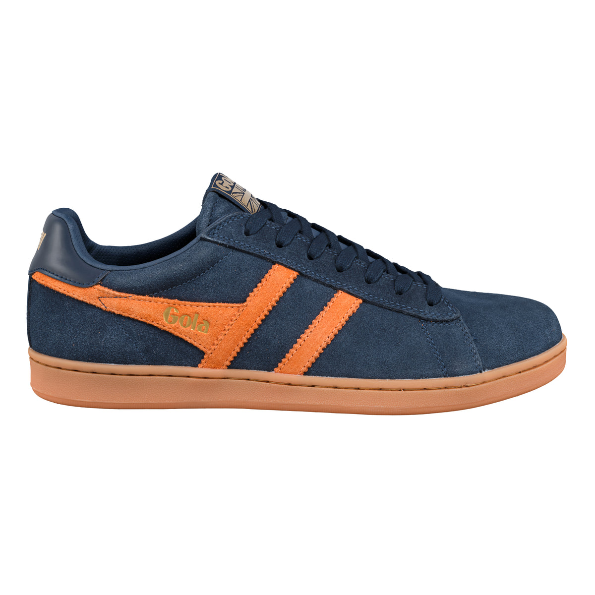 Gola Classics navy suede trainer with orange side stripes and gum sole