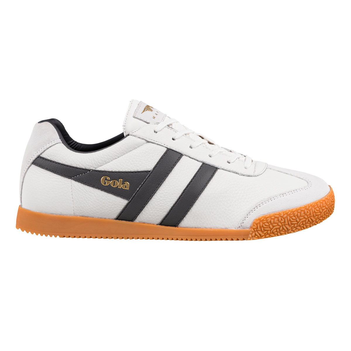 Gola Classics white leather trainer with black side stripes and gum rubber sole