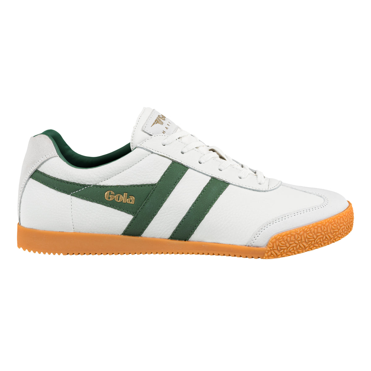 Gola Classics white trainer with green side stripes and gum sole