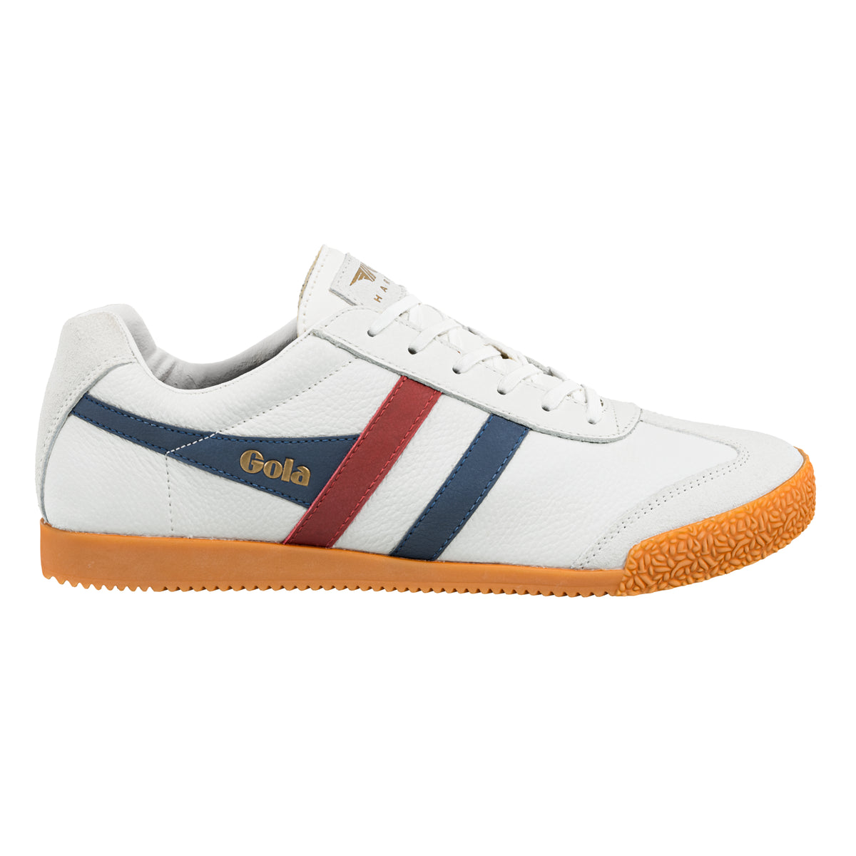 Gola Classics white leather trainer with blue and red side stripes and a gum rubber sole